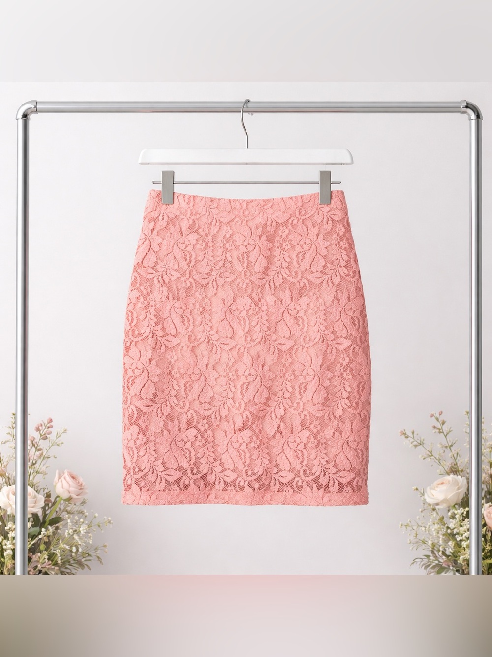 Elegant Lace Pencil Mini Skirt in Blush Pink Stretch Date Night Romance Lined